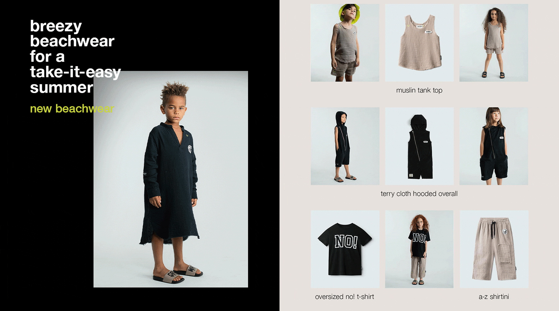 A mood board with rotating images of kids in beachwear and kids fashion designs, designed by a top creative marketing agency.
