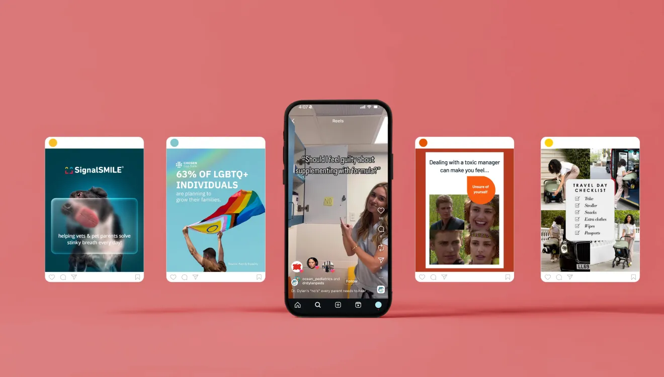 A phone showing an Instagram reel and screenshots of social media posts designed by a top creative marketing agency on a coral-colored background.
