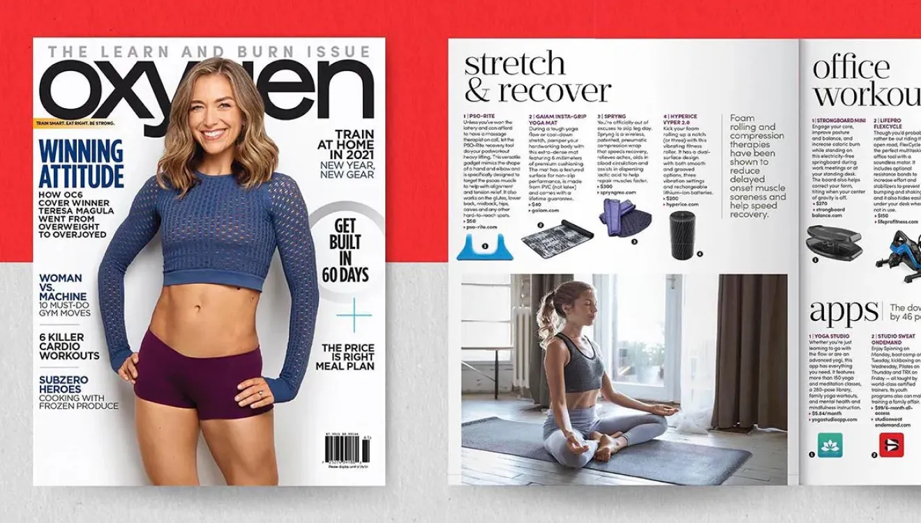 The cover of Oxygen magazine showing a fit young Caucasian woman alongside an open spread with a young woman doing yoga.