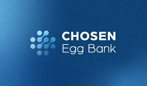 Logo for Chosen Egg Bank designed by a top creative marketing agency, with dots in a circle shape in shades of blue on a blue ombre background. 