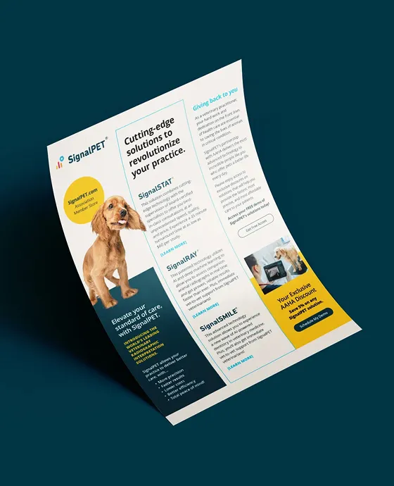 Advertisement for SignalPET featuring a dog with its tongue out and a dog getting an X-ray, created by a top creative marketing agency.