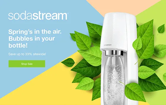 A white sparkling water maker on top of a graphic of leaves on a colorful background in a website banner created by a top marketing agency. 
