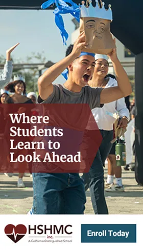 A Hispanic boy holding a decorated paper bag above his head at a high school event in a Google ad for HSHMC designed by a top creative marketing agency.