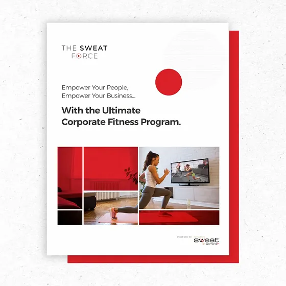 A brochure for a corporate fitness program featuring an ethnically ambiguous woman working out at home, designed by a top creative marketing agency.