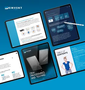 Five tablets on a blue background open to Kinvent branded ebook, created by a top creative marketing agency.