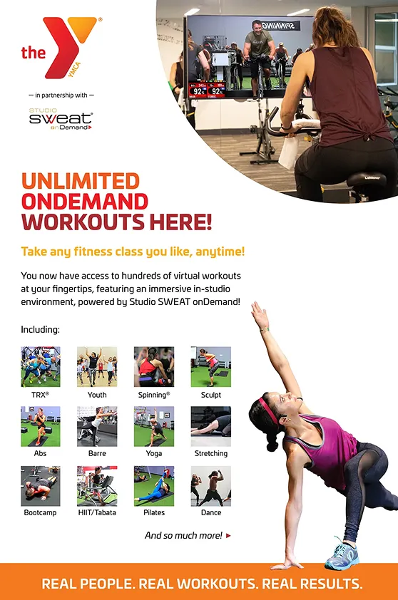 Poster for Studio SWEAT onDemand’s partnership with the YMCA, featuring people exercising, designed by a top creative marketing agency. 