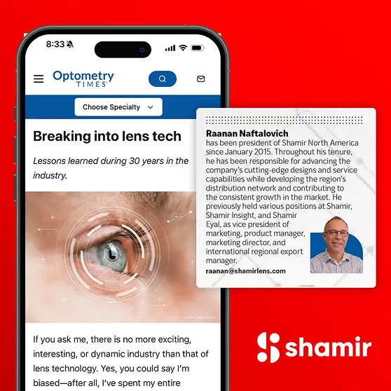 Phone showing an Optometry Times’ article and a screenshot of it over a red background in a graphic designed by a top creative marketing agency. 
