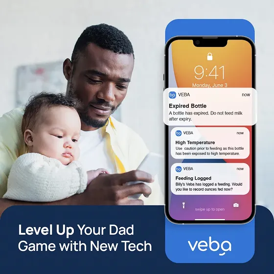 Social media ad with a Black father holding his baby with a screenshot of notifications on a phone, designed by a top creative marketing agency. 