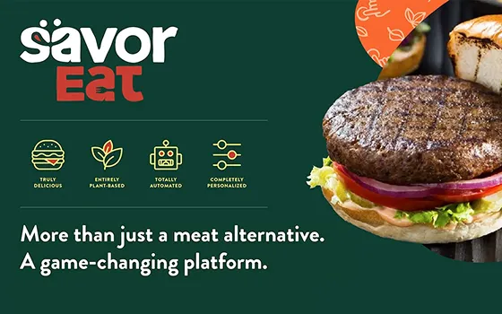 Advertisement of a hamburger with the Savor Eat logo and related graphics created by one of the best creative marketing agencies.