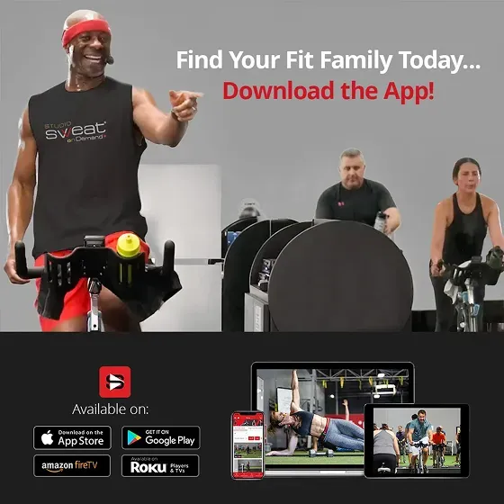 Ad featuring a Black man coaching a spin class and featuring three devices showing fitness videos, created by a top creative marketing agency.