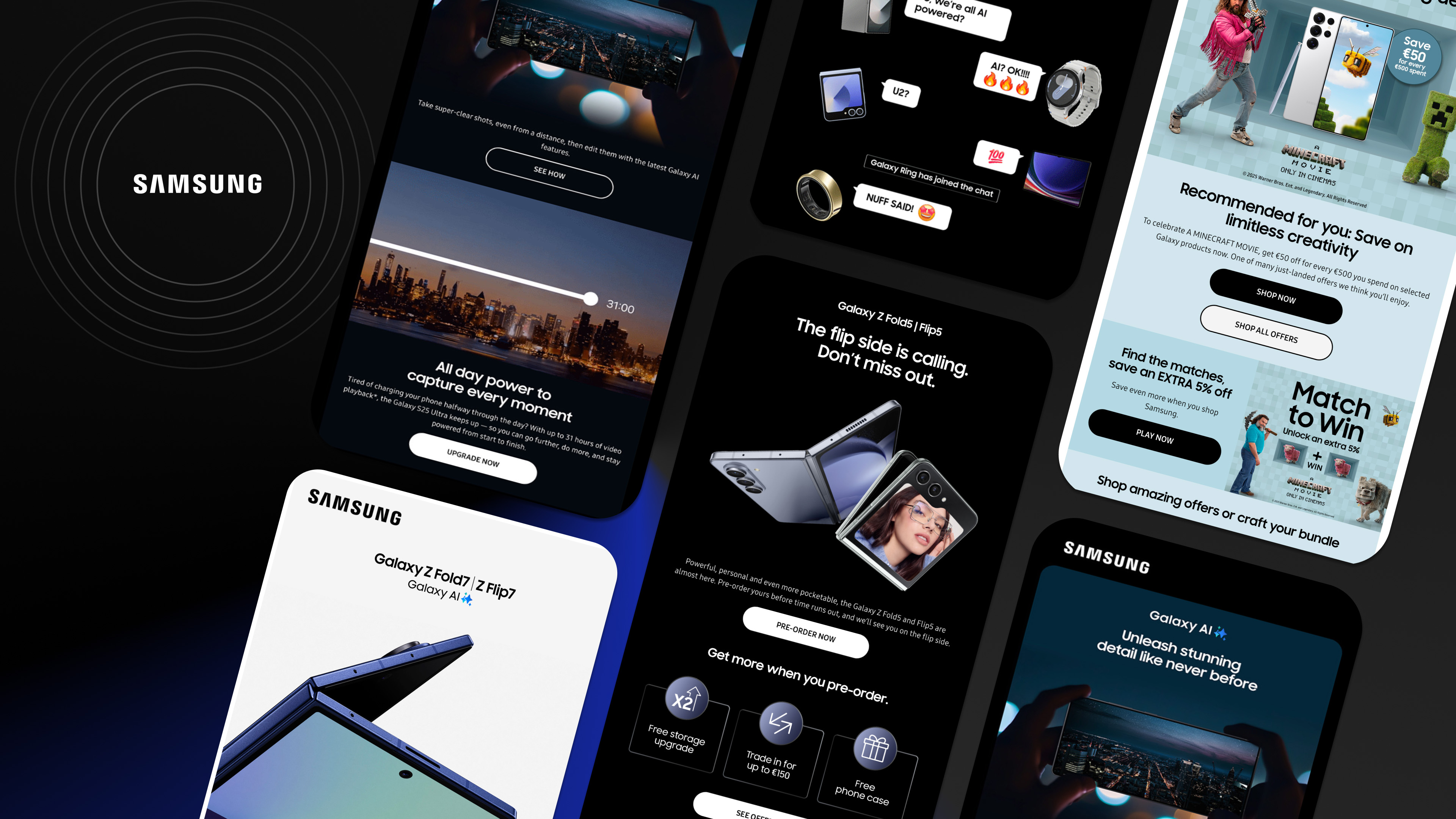 Collage of Samsung product advertisements featuring Galaxy Z Fold7, Galaxy Z Flip5, Galaxy AI camera features, and a Minecraft Movie promotion.