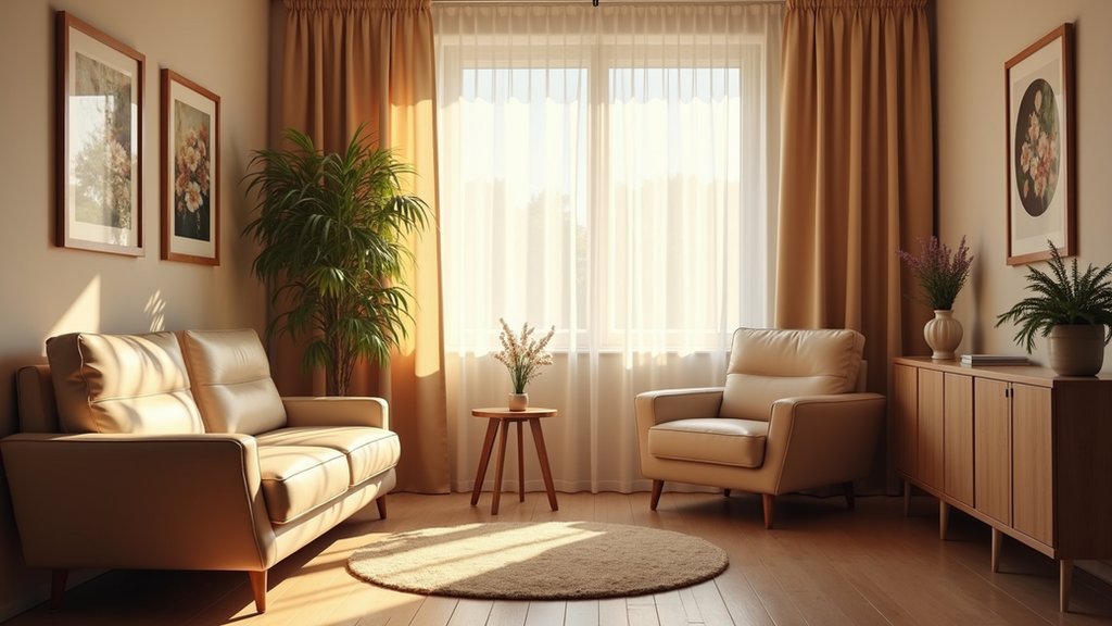 Eye-level view of a cozy therapy room with soft lighting and comfortable chairs