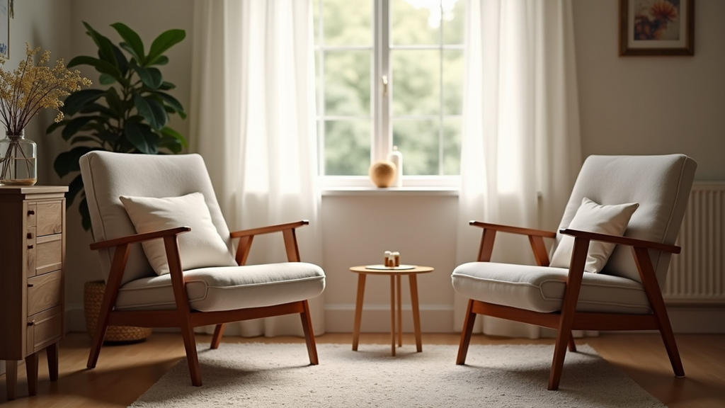Eye-level view of a cozy therapy room with two chairs facing each other
