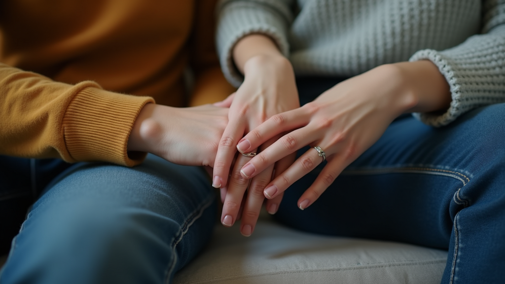 Close-up view of two hands gently holding each other on a couch