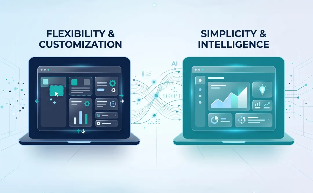 Comparison of NetSuite and iplicit AI capabilities, highlighting flexibility, customisation, simplicity and intelligence