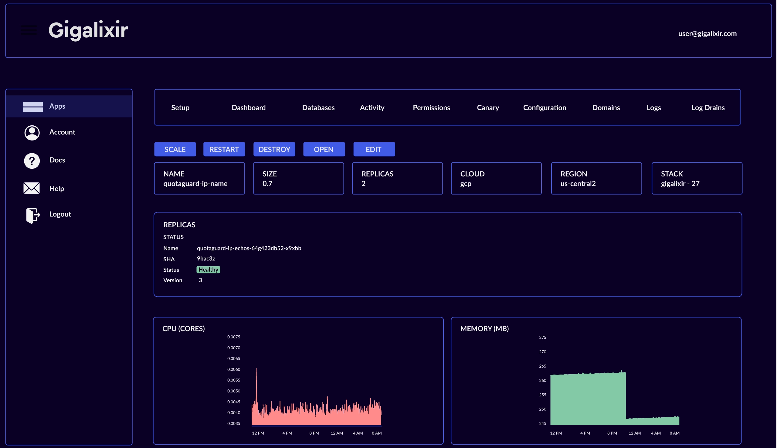 Gigalixir dashboard showing app quotaguard-ip-name with options to scale, restart, destroy, open, and edit; details include size 0.7, 2 replicas, cloud gcp, region us-central2, and stack gigalixir-27; replica status is healthy; charts display CPU cores and memory usage over time.