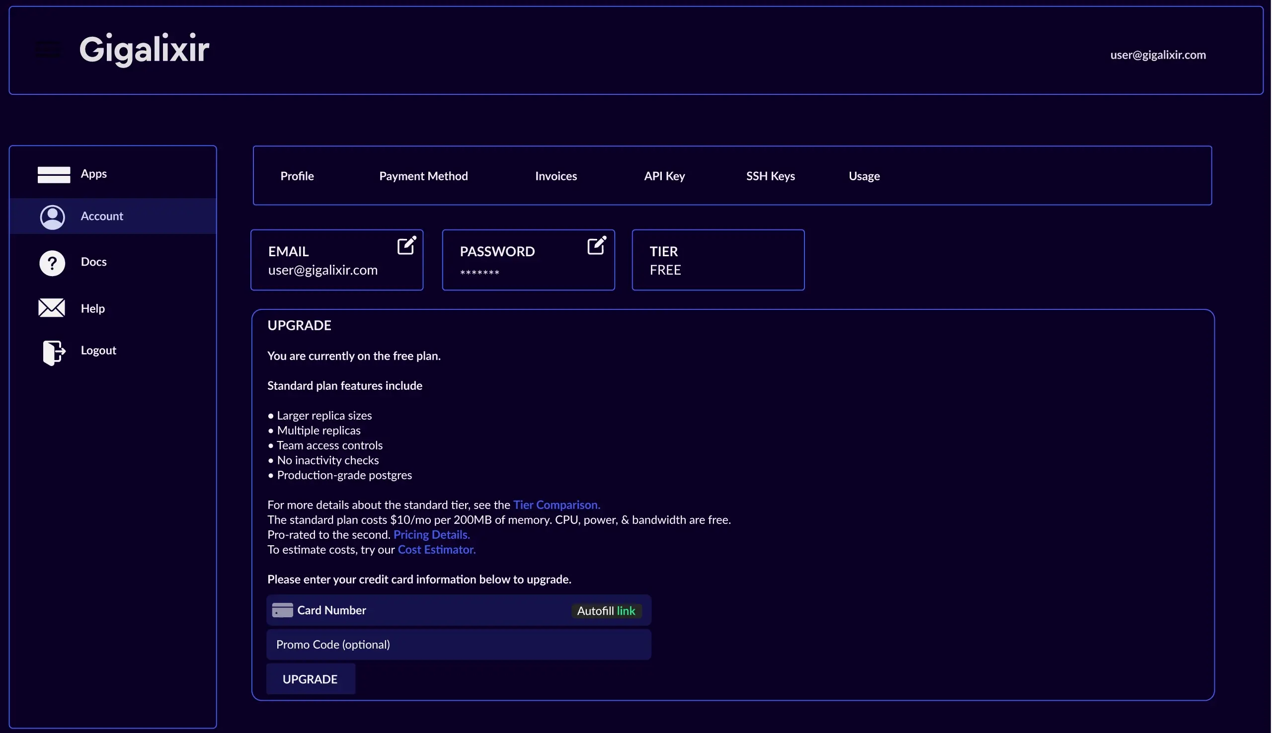 Gigalixir account dashboard showing user email, password, free tier status, and upgrade options with payment details input fields.