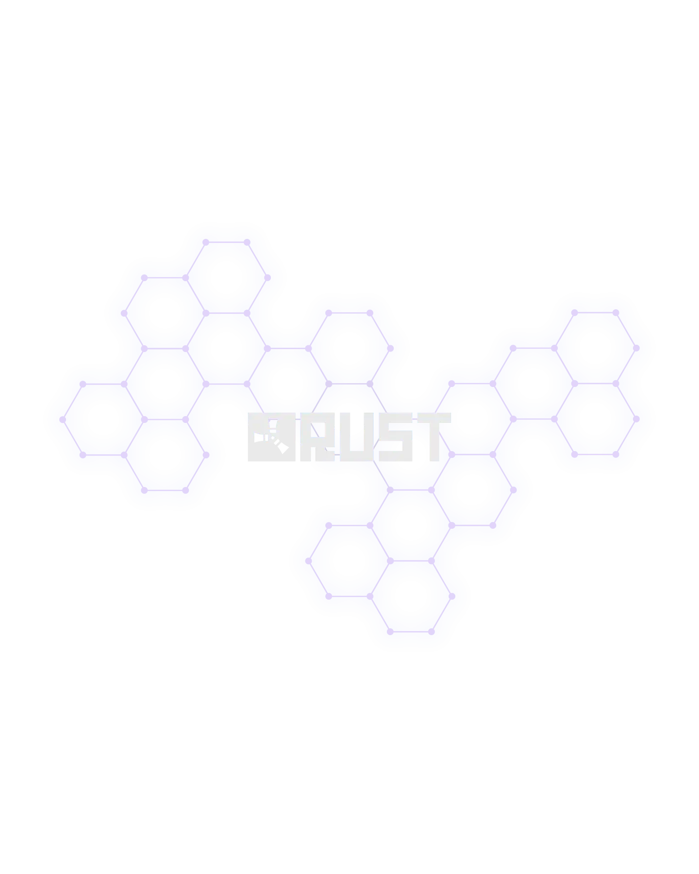 Stylized blue hexagonal patterns forming a symmetrical shape around the white word 'RUST' on a black background.