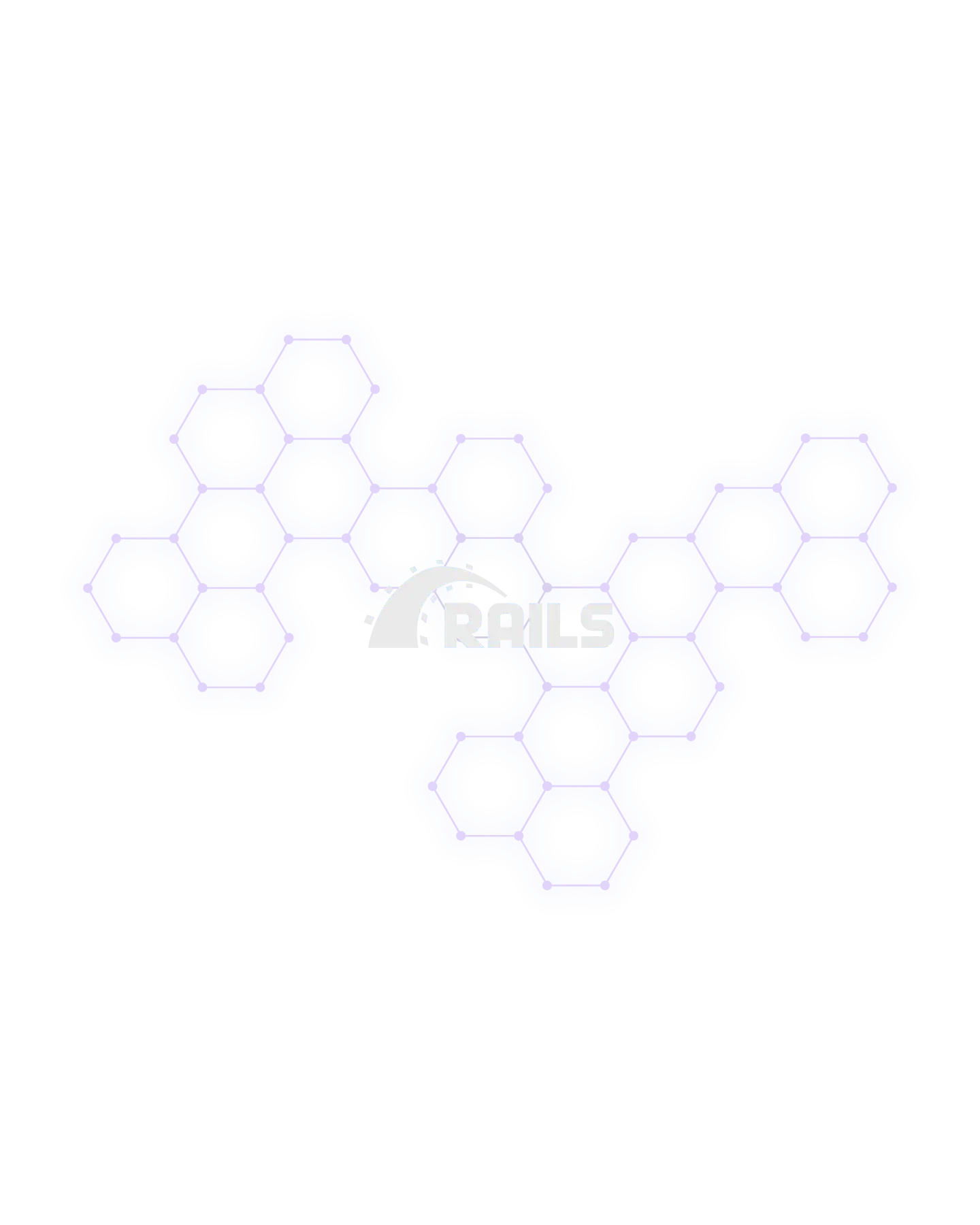 Blue interconnected hexagonal shapes with holes surrounding the white Ruby on Rails logo text and gem icon.