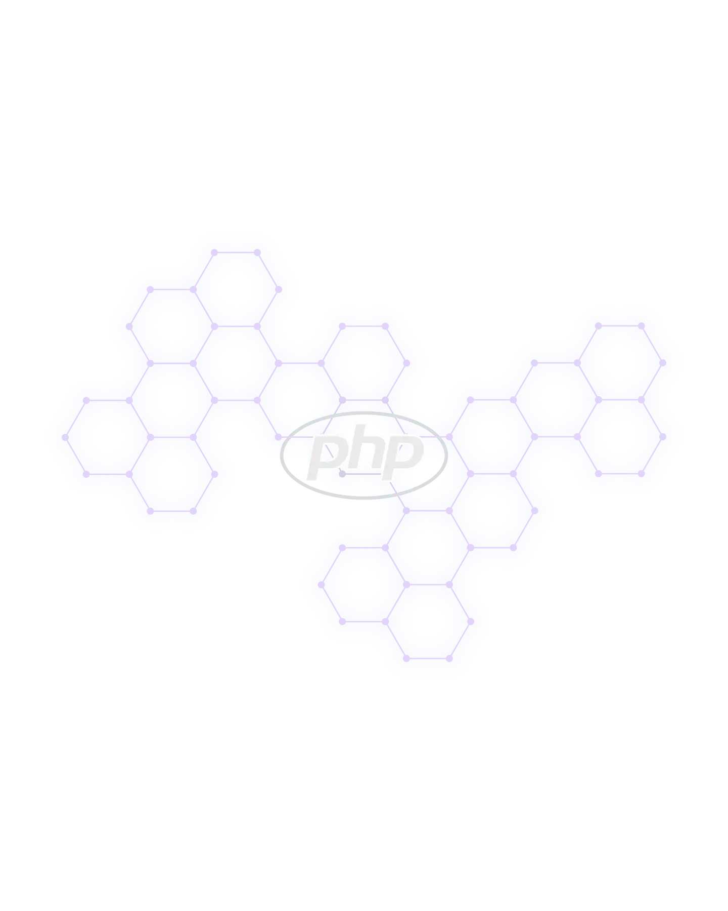 Blue hexagonal network pattern with the PHP logo in white at the center.