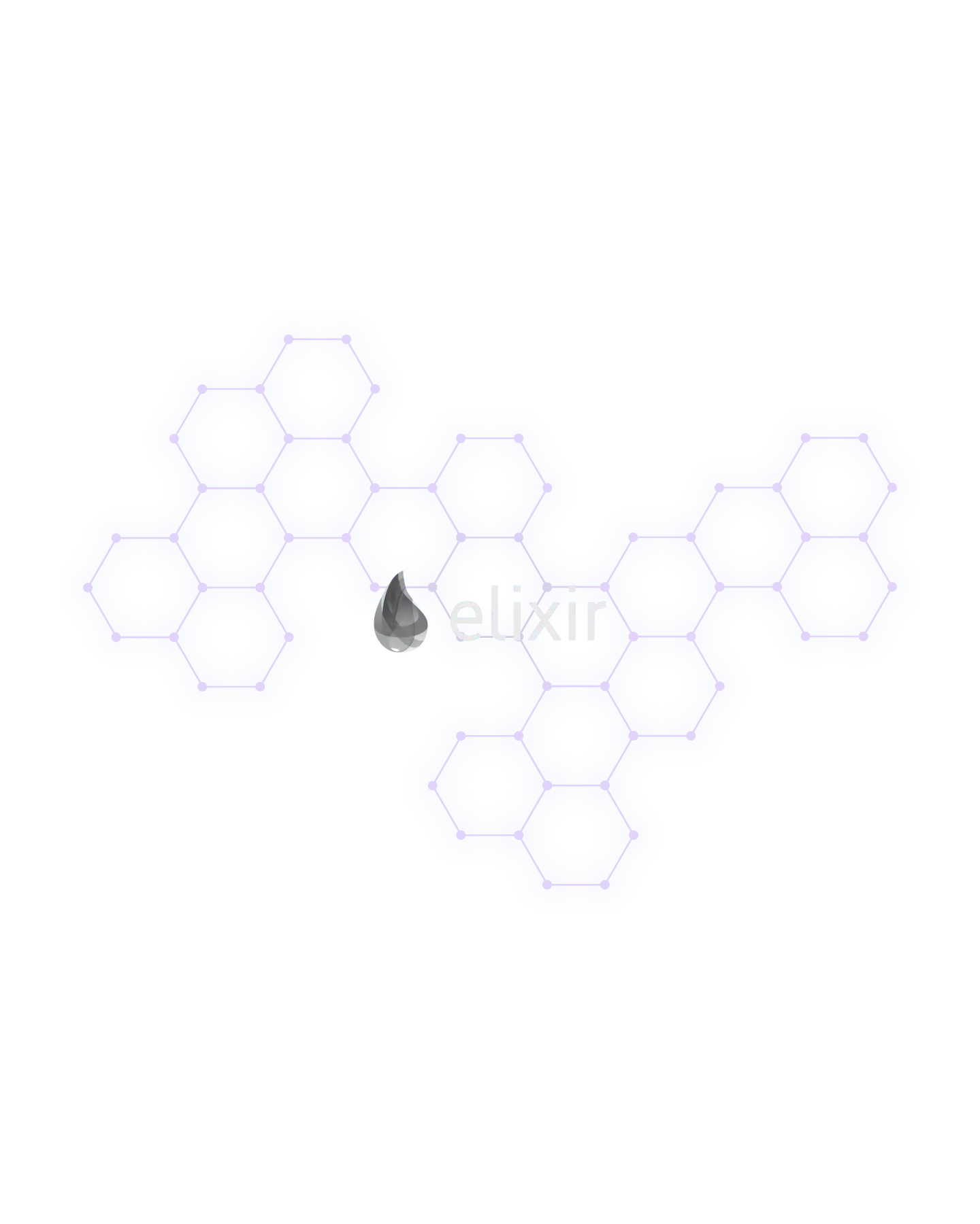 Abstract blue hexagonal molecular structure with a grey droplet icon and the word 'elixir' in white text at the center.