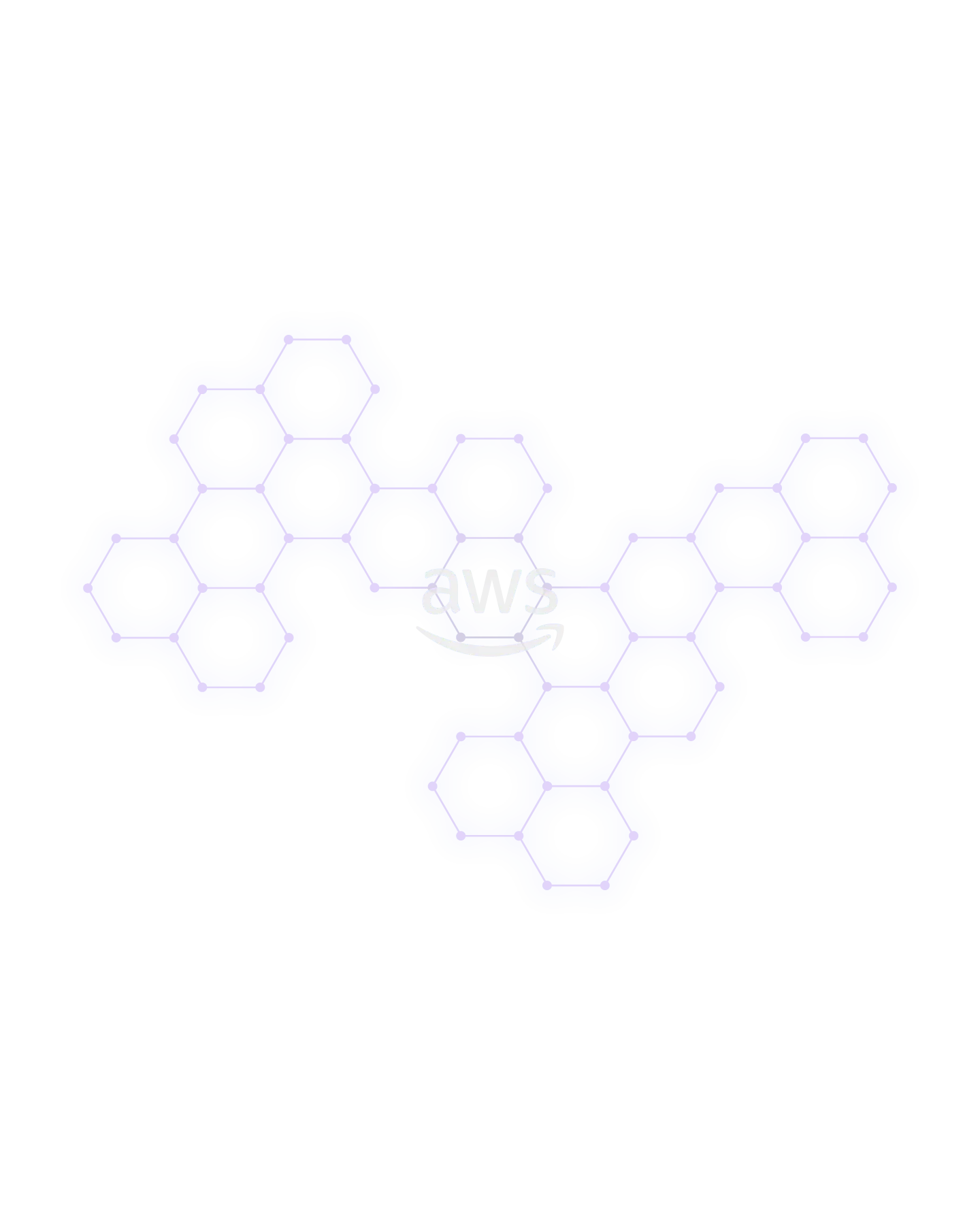 AWS logo centered over a blue hexagonal pattern with circular cutouts on a black background.