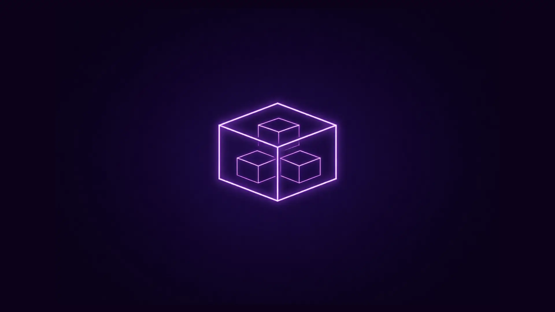 Glowing purple neon outline of a large cube containing three smaller cubes inside on a dark background.