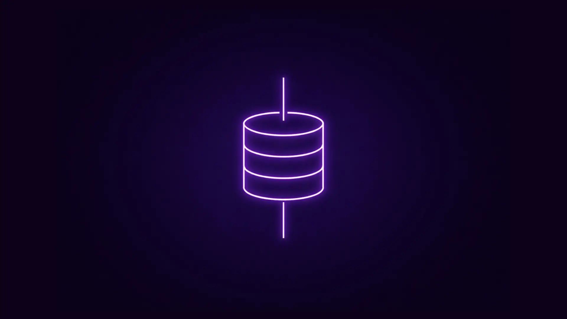 Neon purple icon of a database cylinder with vertical connecting lines on dark background.