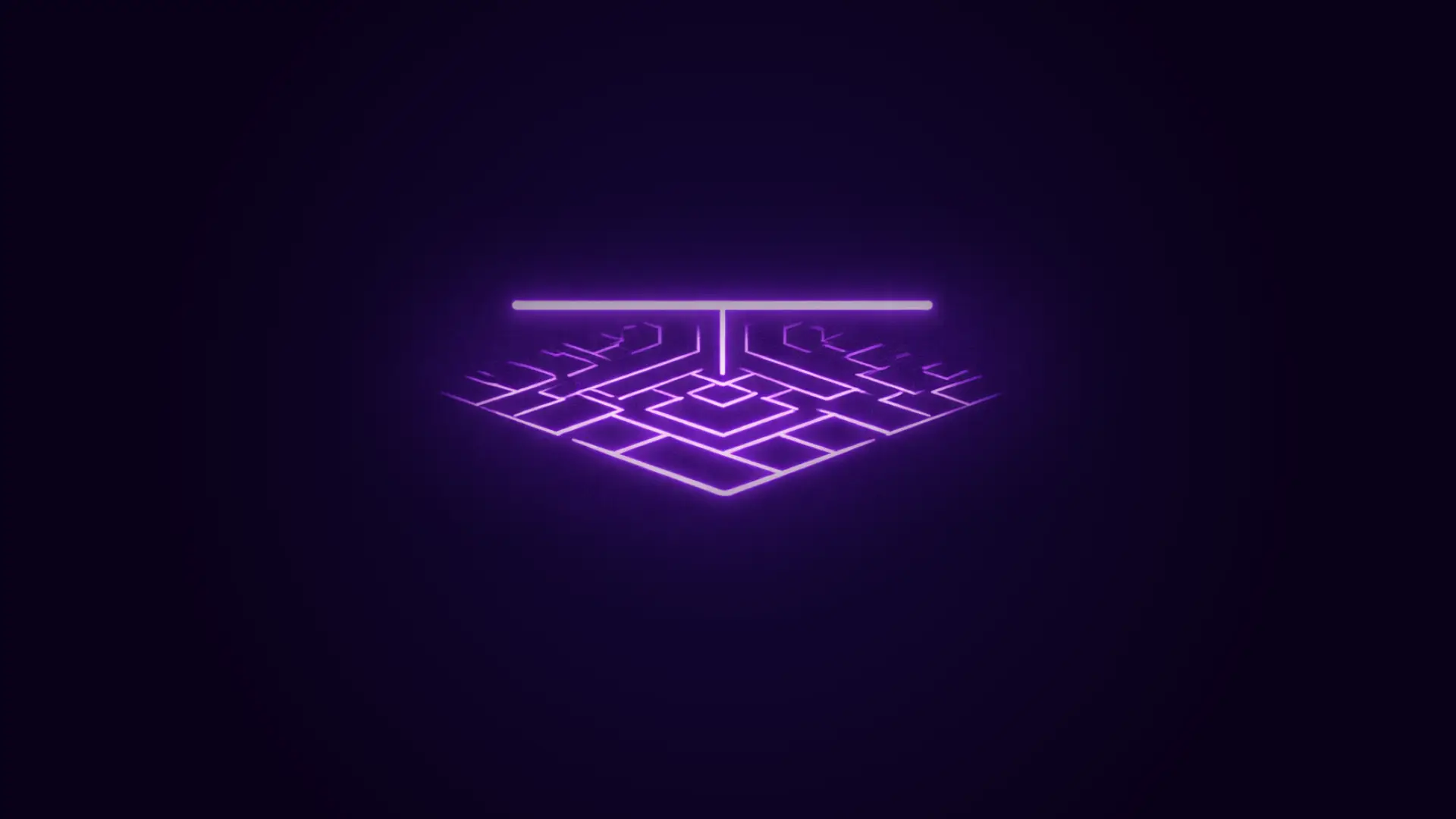 Glowing purple neon circuit-like geometric design on a dark background.