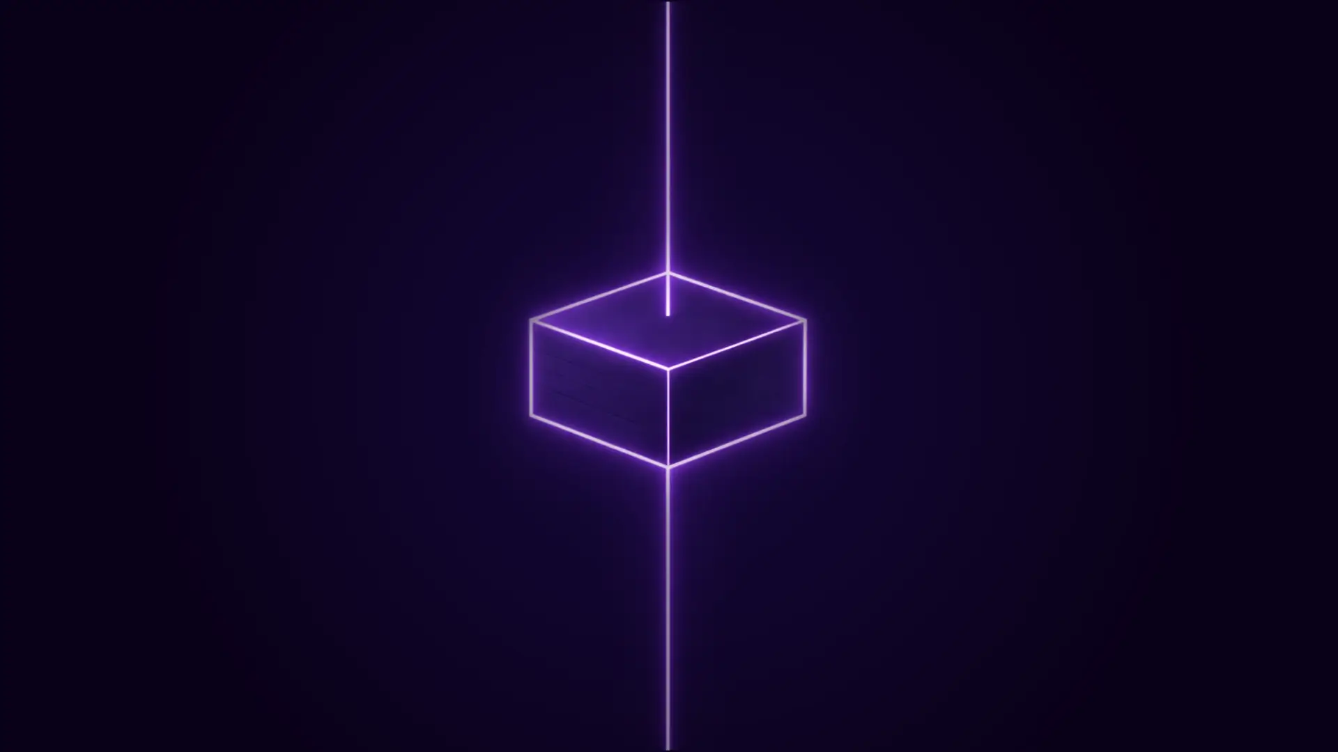 Glowing neon purple cube suspended in dark space with vertical glowing lines passing through it.