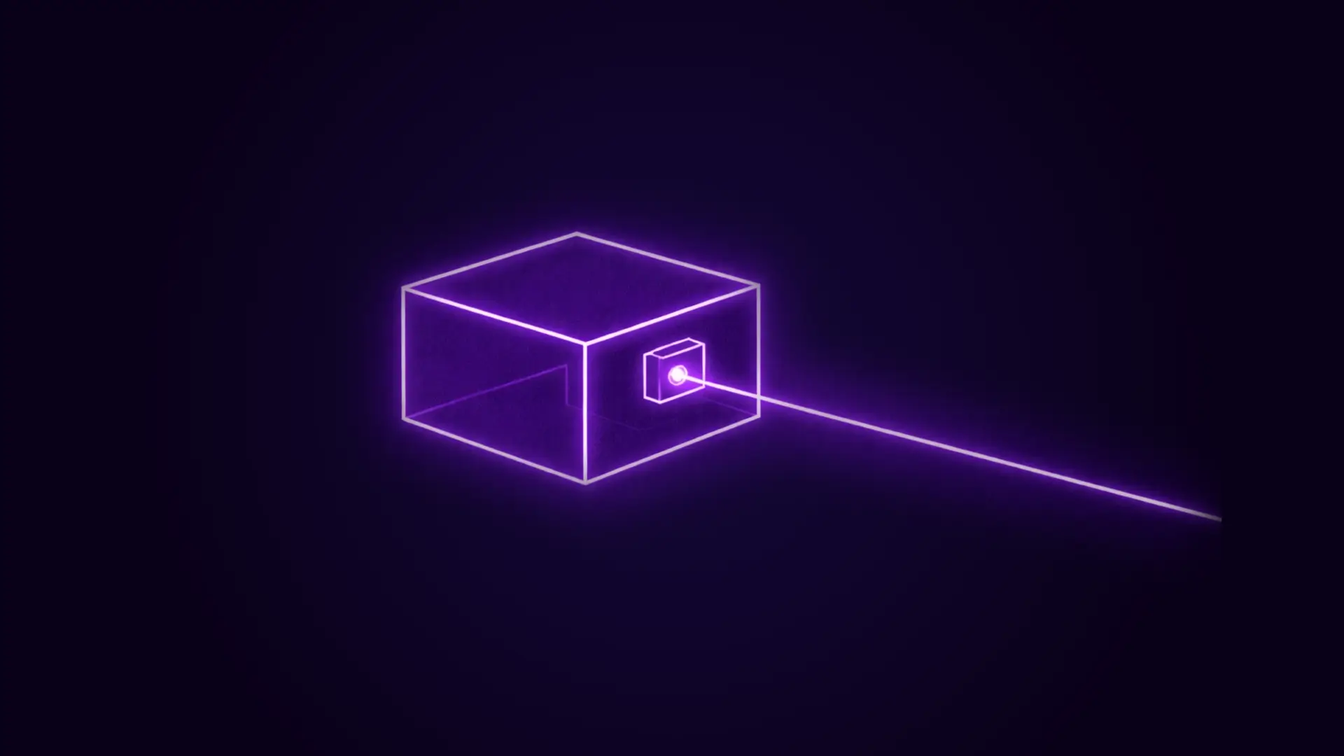 Glowing purple neon outline of a transparent cube emitting a laser beam from a smaller attached cube on a dark background.