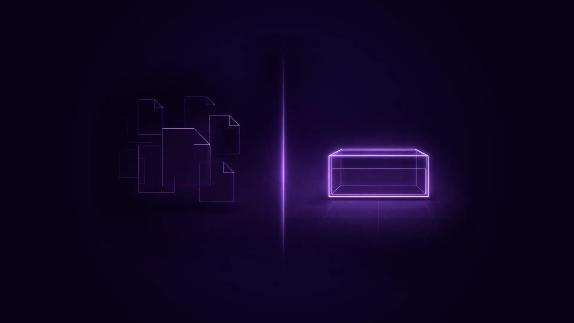 Glowing purple neon icons of multiple document sheets on the left and an open empty box on the right, separated by a vertical glowing line, against a dark background.