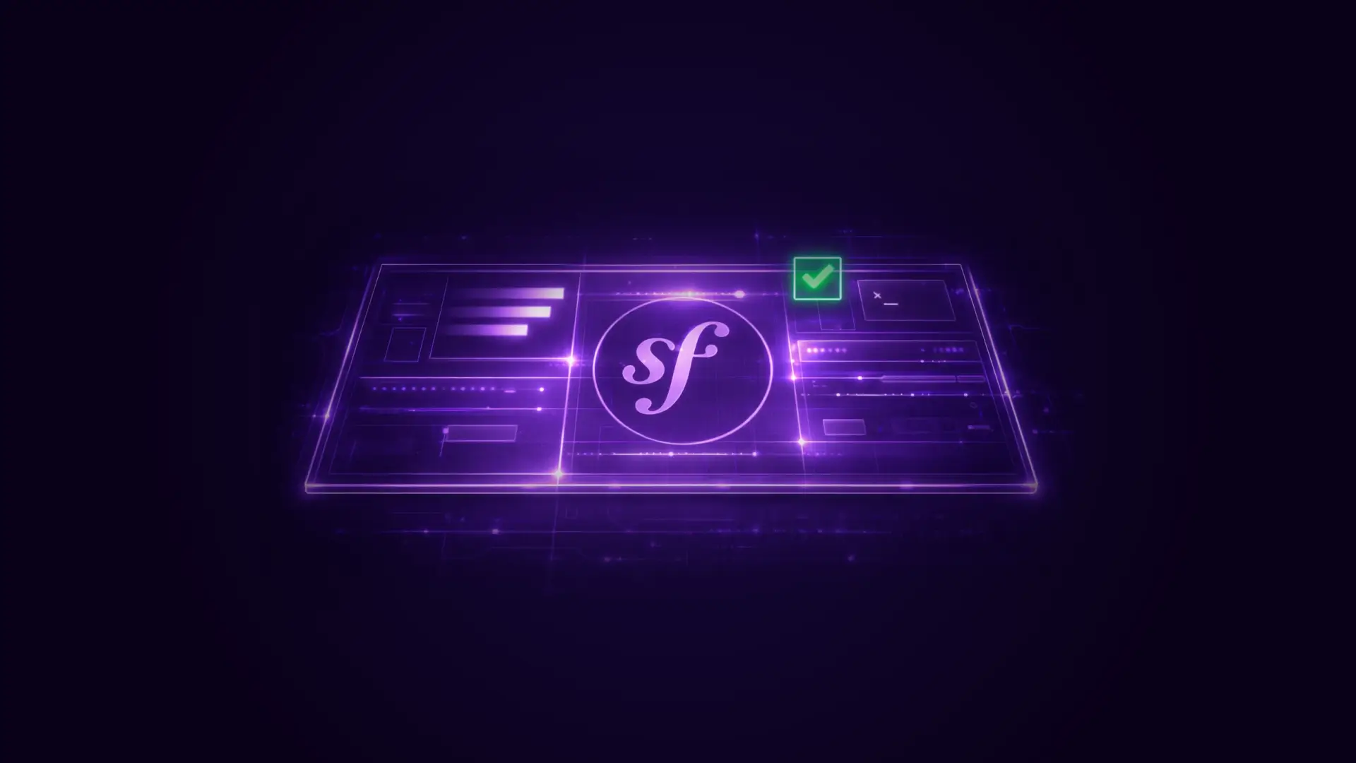 Glowing digital interface with Symfony logo in the center and a green checkmark on a dark purple background.