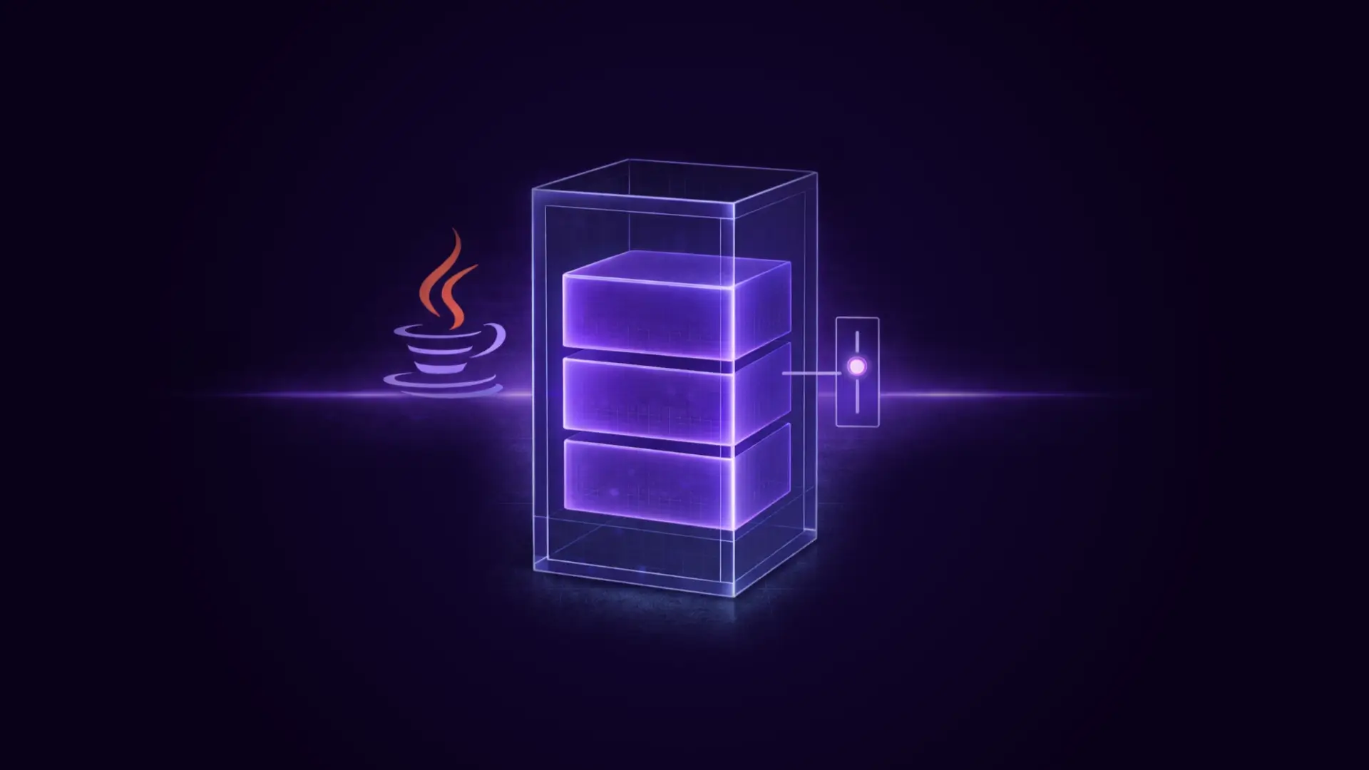 Glowing purple 3D server rack with three stacked units and an adjacent slider control, next to a steaming cup of coffee icon.