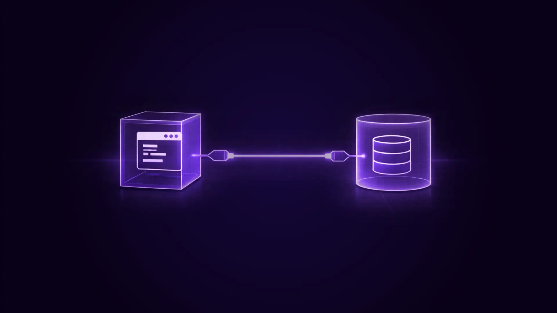 Glowing purple digital illustration of a computer window connected by a cable to a cylindrical database icon on dark background.