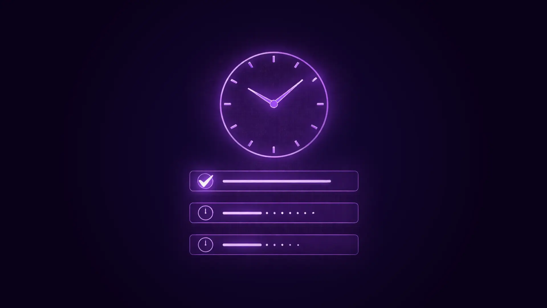 Glowing purple analog clock showing 10:10 above three progress bars with check and exclamation icons on a dark background.