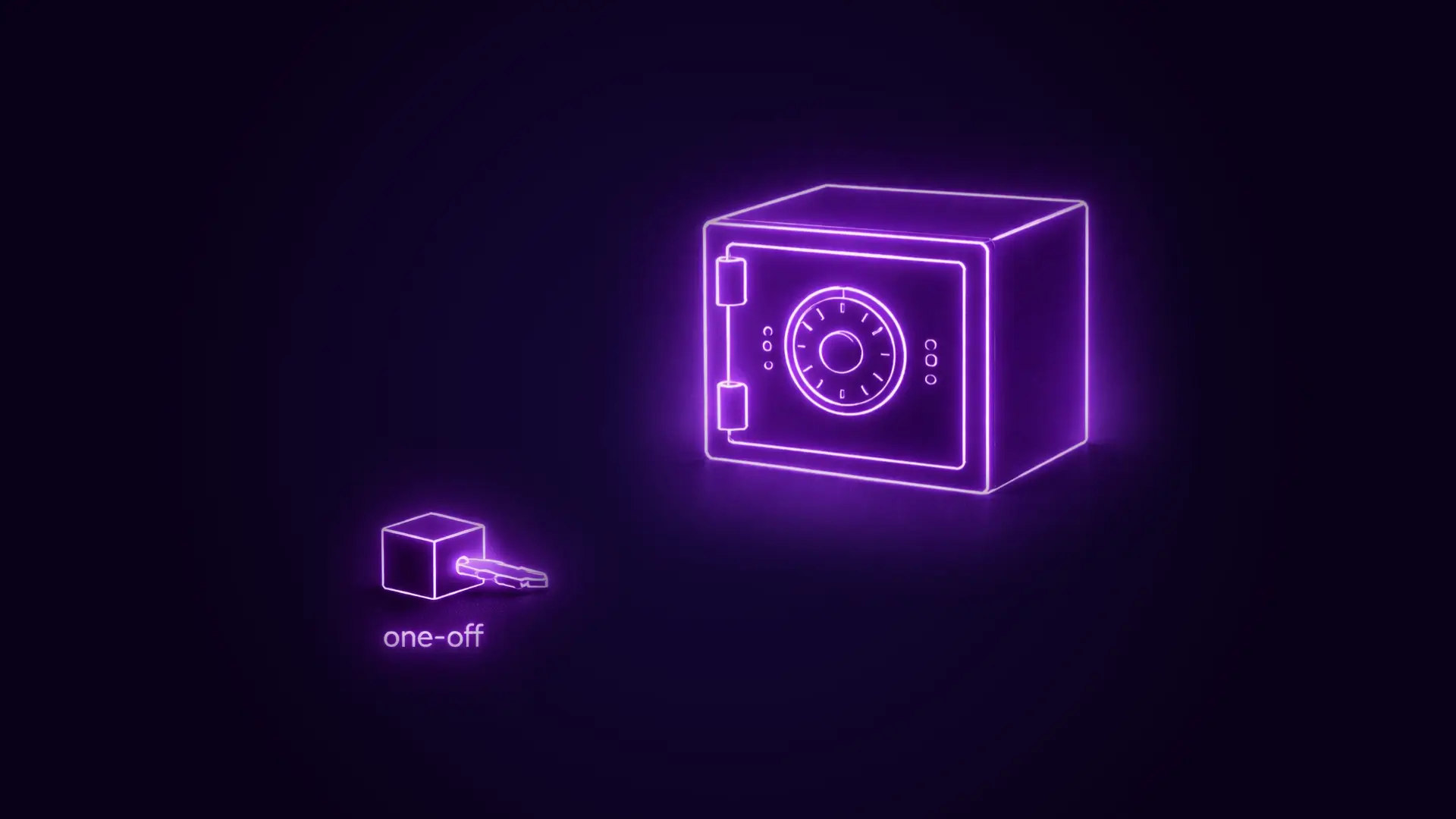Neon purple outline of a safe with a combination lock and a separate key labeled 'one-off' on a dark background.