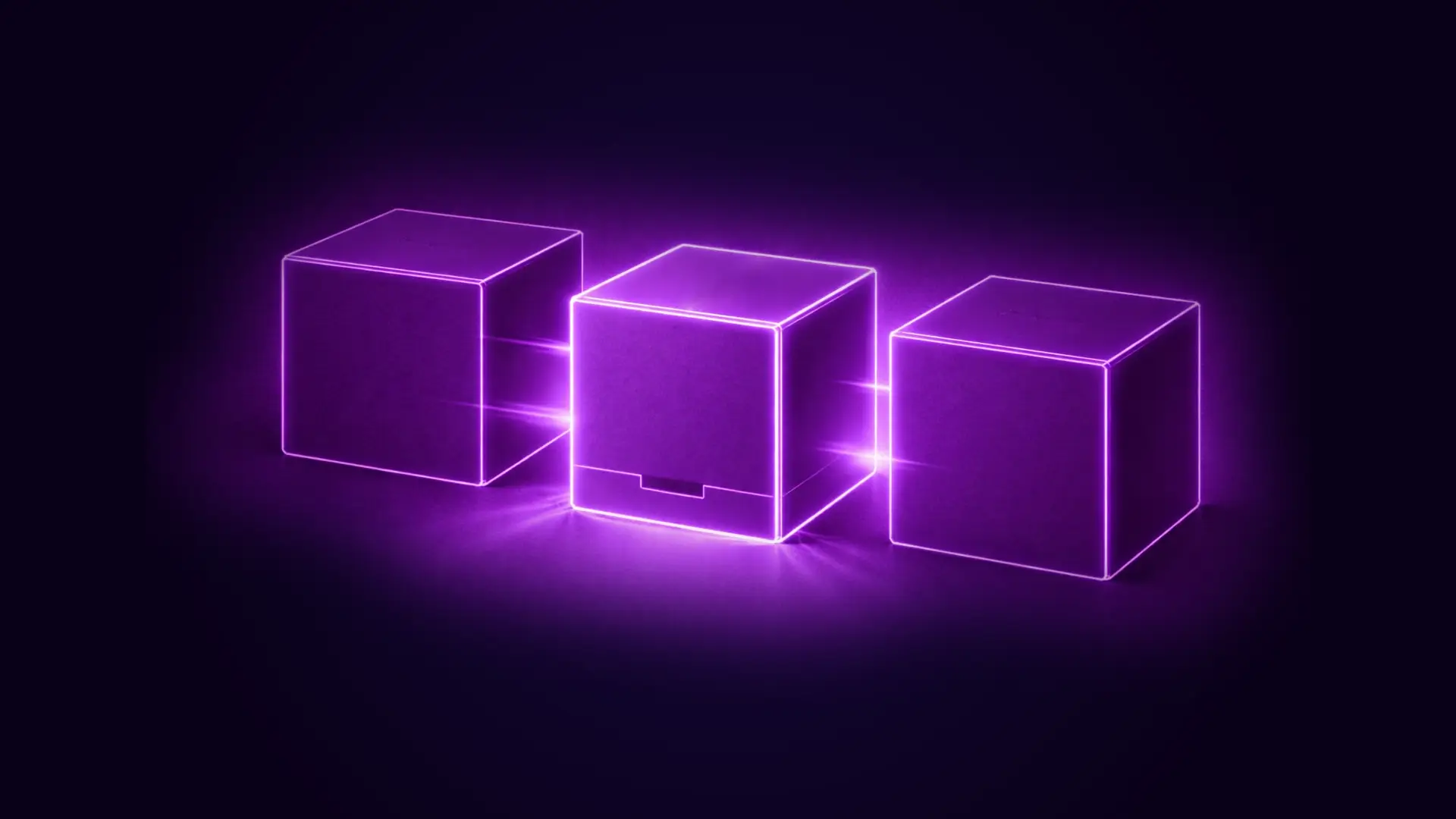 Three glowing purple cubes connected by bright light beams on a dark background.