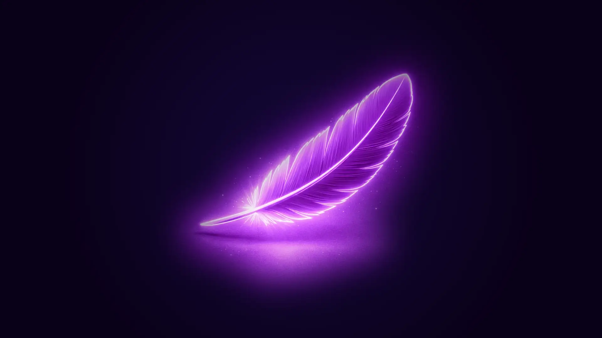 Glowing purple feather emitting light and sparkles on a dark background.