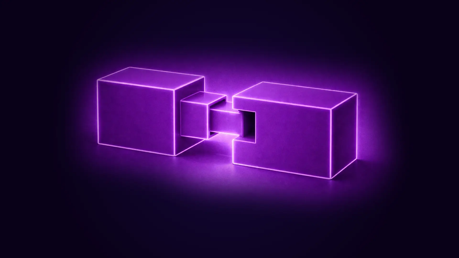 Two purple glowing 3D cubes connecting with a smaller cube between them on a dark background.