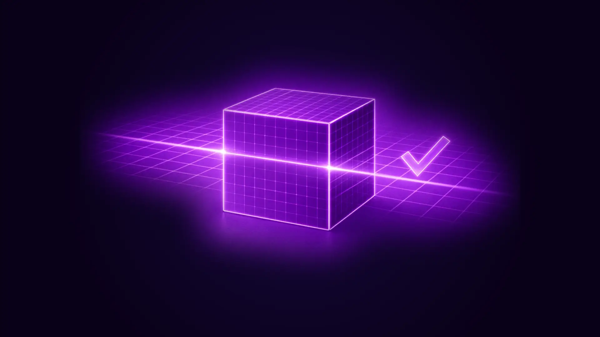 Glowing purple wireframe cube intersected by a horizontal light beam with a checkmark on a grid background.