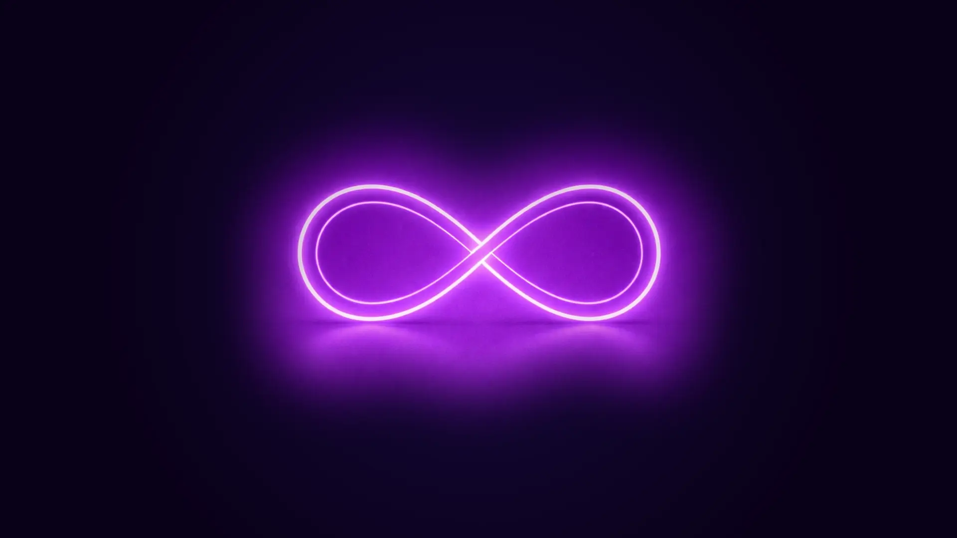 Glowing purple neon infinity symbol on a dark background.