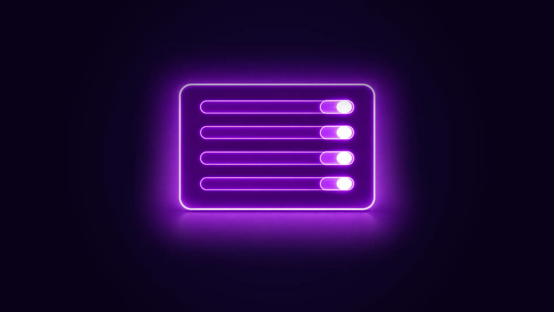 Neon purple glowing icon of four horizontal sliders with toggles switched on against a dark background.