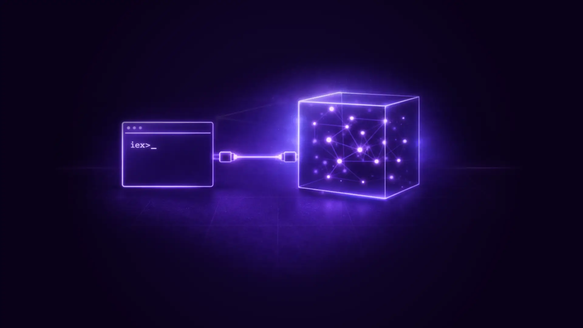 Glowing purple neon illustration of a computer terminal connected by a cable to a cube filled with connected nodes and lines.
