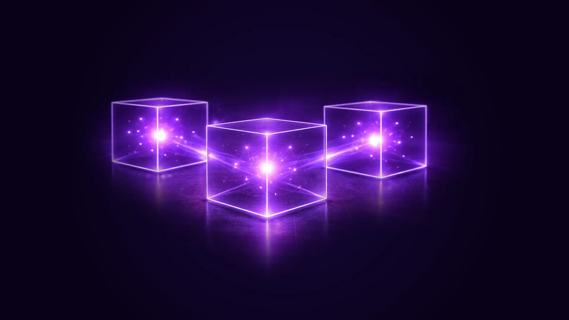 Three glowing purple neon cubes with radiant centers on a dark reflective surface.