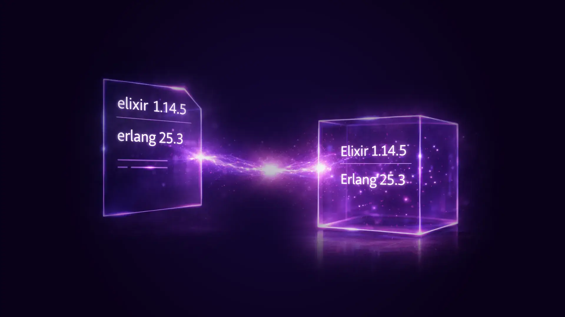 Glowing purple digital representation of Elixir 1.14.5 and Erlang 25.3 versions connected by an energy beam between a transparent file icon and a cube.