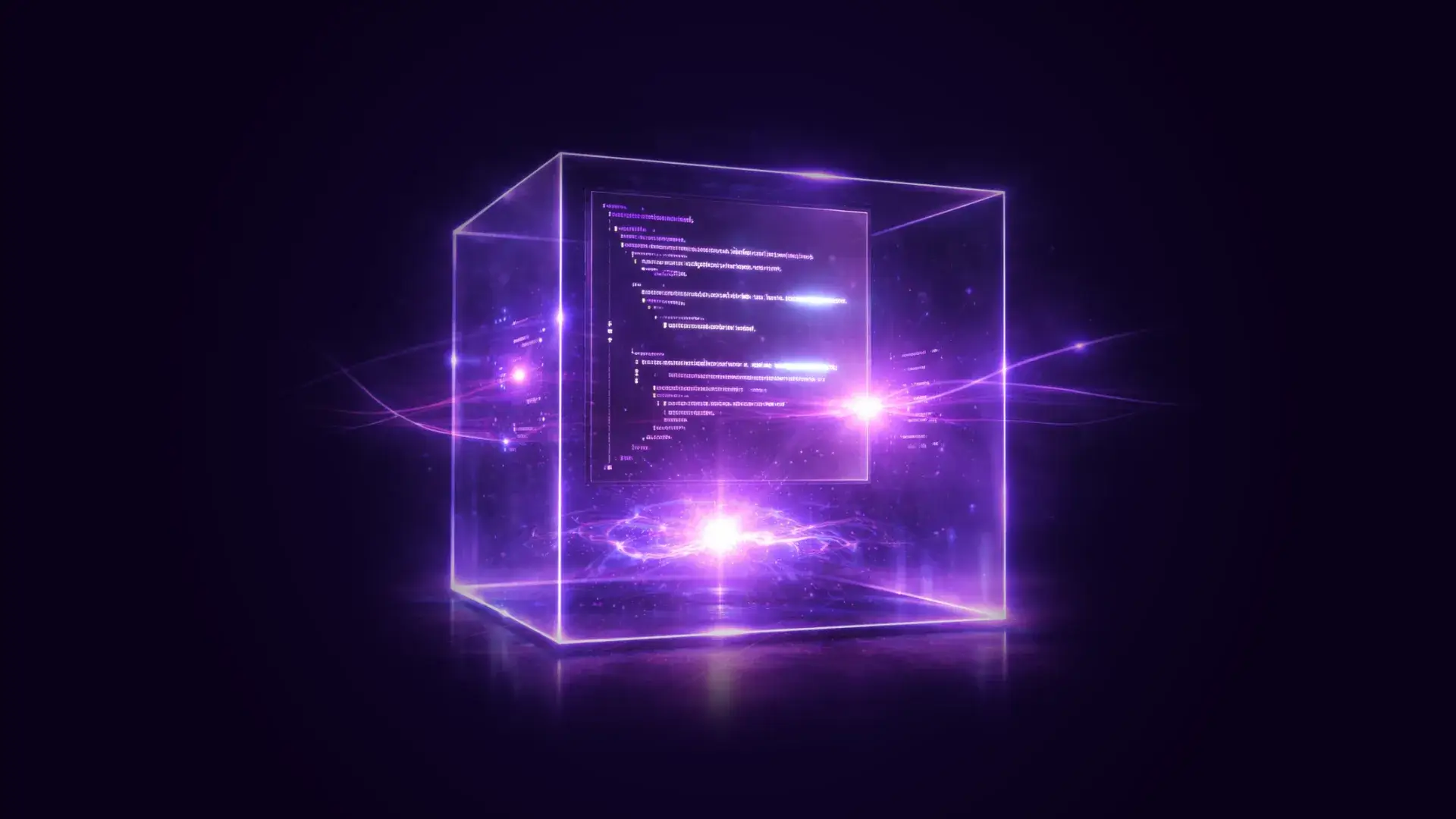 Glowing purple translucent cube with floating code and energy patterns inside on a dark background.
