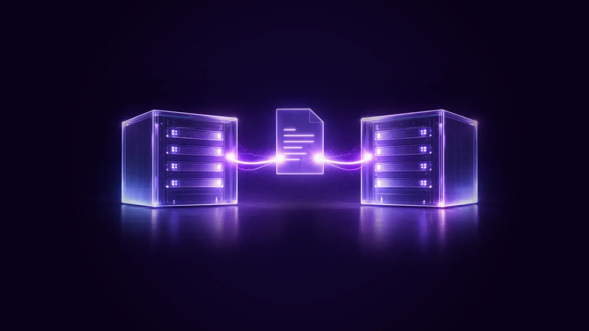Glowing digital document icon connected between two transparent server racks with purple light streams.