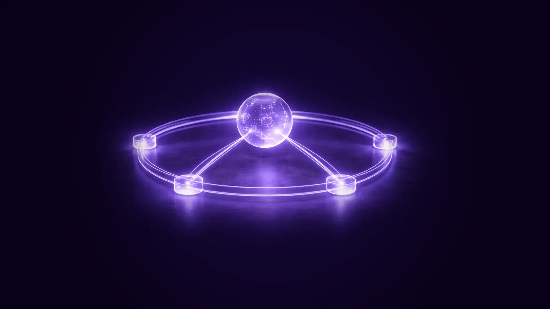 Glowing purple sphere connected by illuminated lines to four smaller nodes arranged in a circle on a dark background.