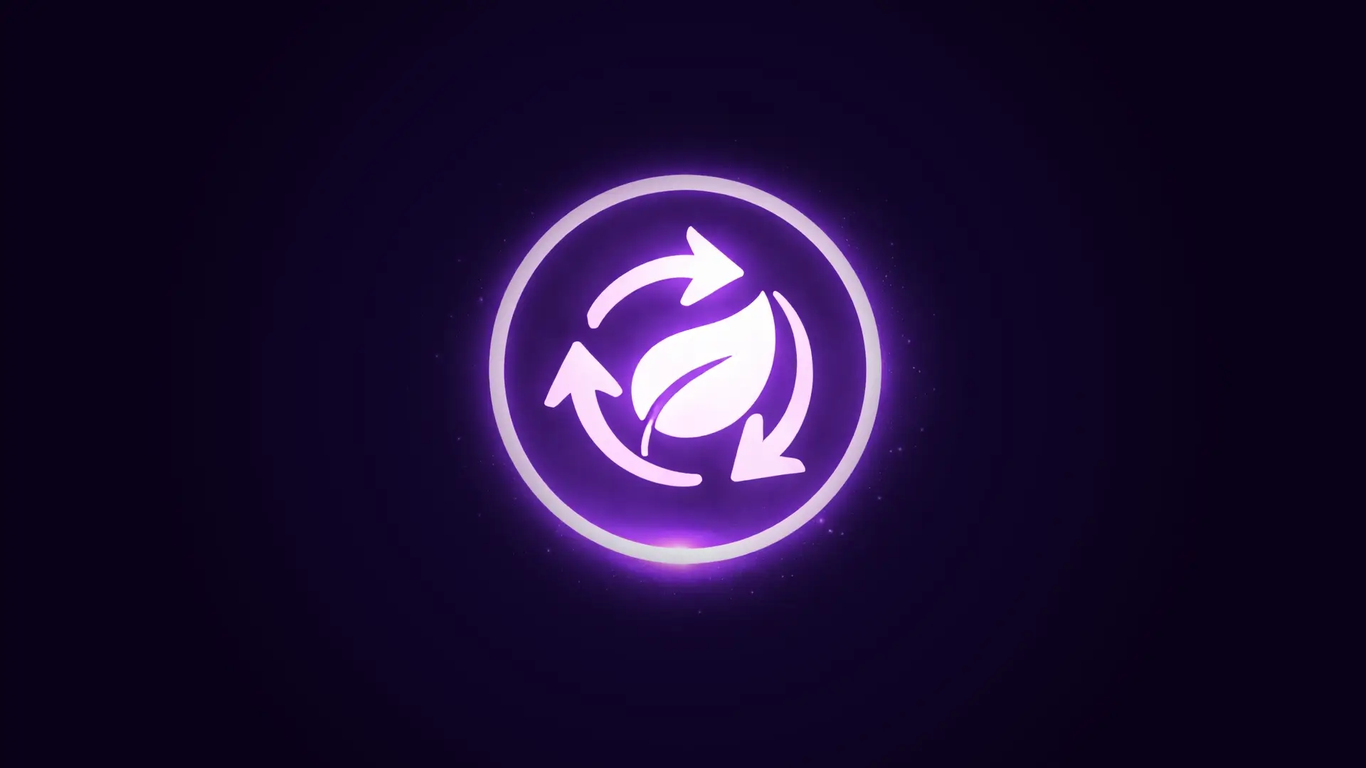 Glowing purple circular icon with a leaf surrounded by three curved arrows symbolizing recycling or sustainability.